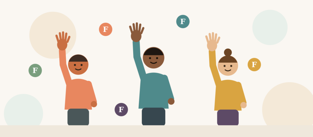 Three smiling people raising their right hands showing five fingers, representing the Five F's of Life